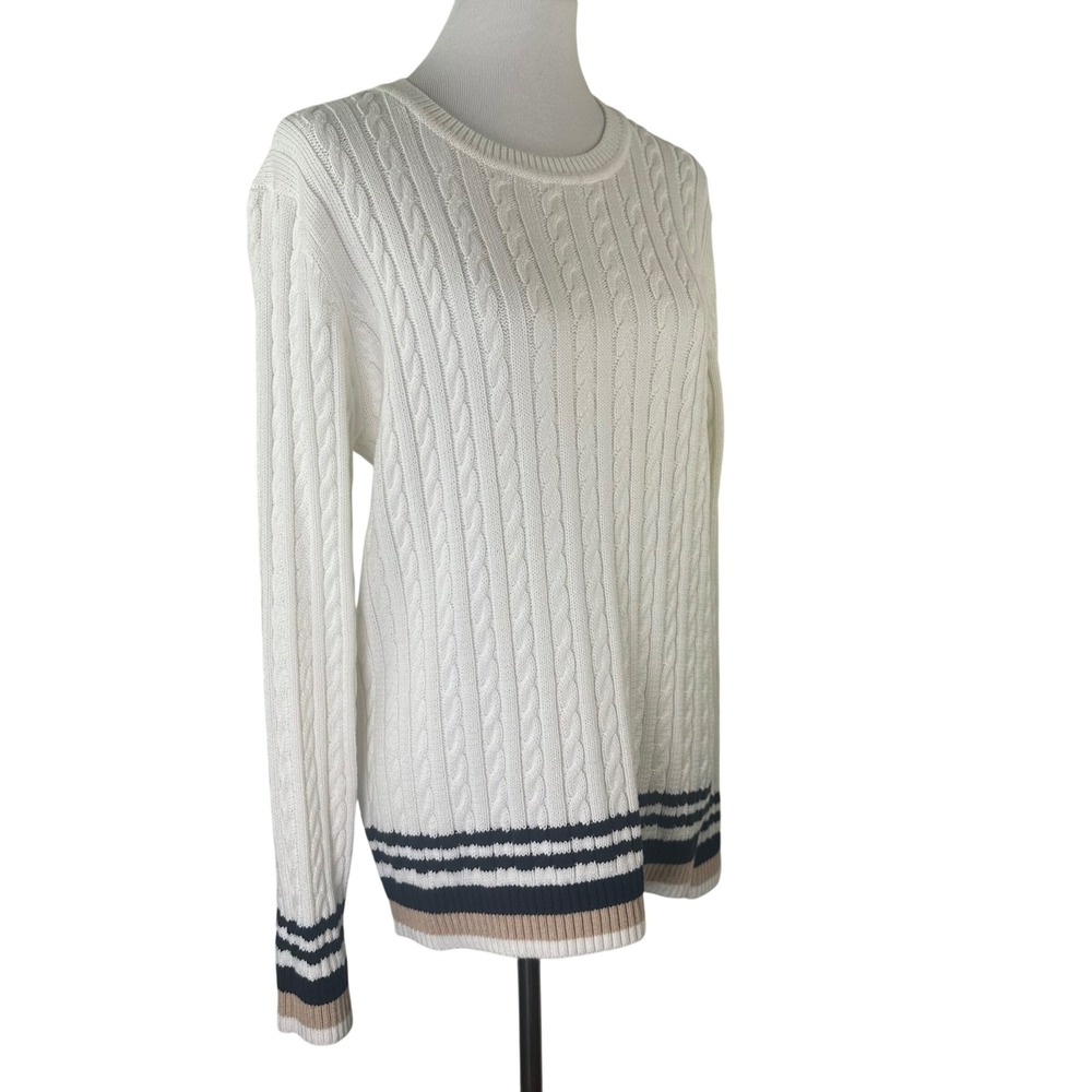 Tommy Hilfiger Cable Knit Sweater‎ White Navy Tan Varsity Stripe Womens XL NEW